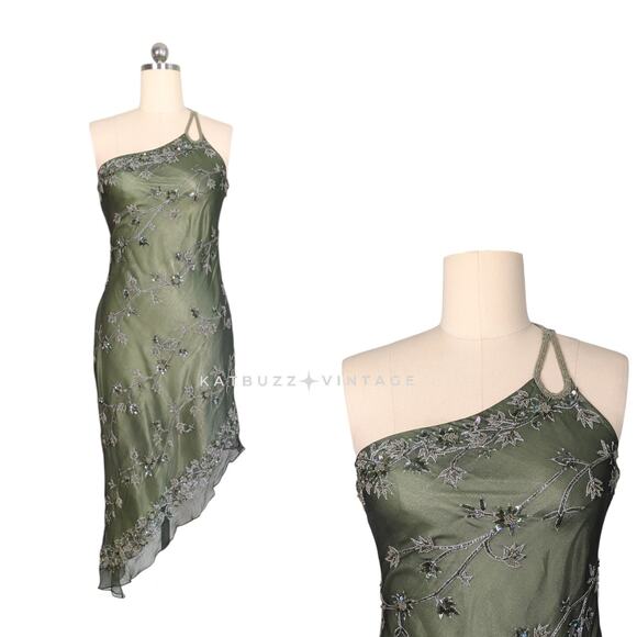 Scala Prom Dress Midi Maxi Gown Green L Fairy Y2K Vintage Silk Bead - Picture 1 of 15